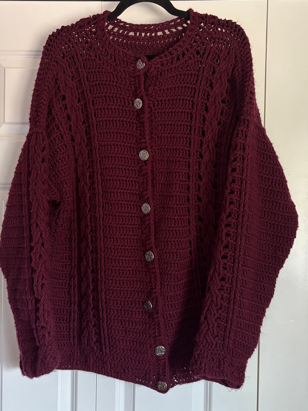 Women's Vintage Hand Crochet Button-Up Cardigan Sweater - Wine